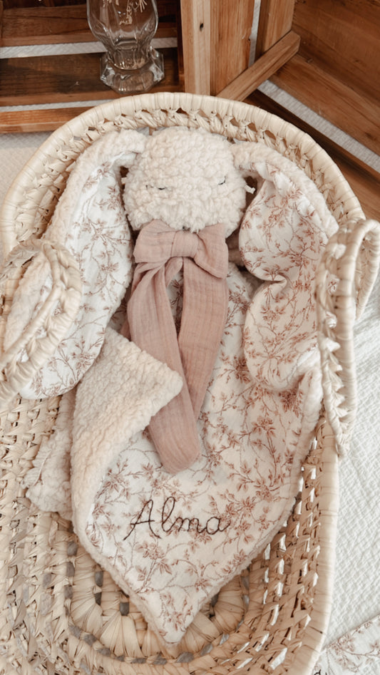 Doudou lapin lange en Sherpa ivoire - BRANCHAGES ROSES et rose ancien